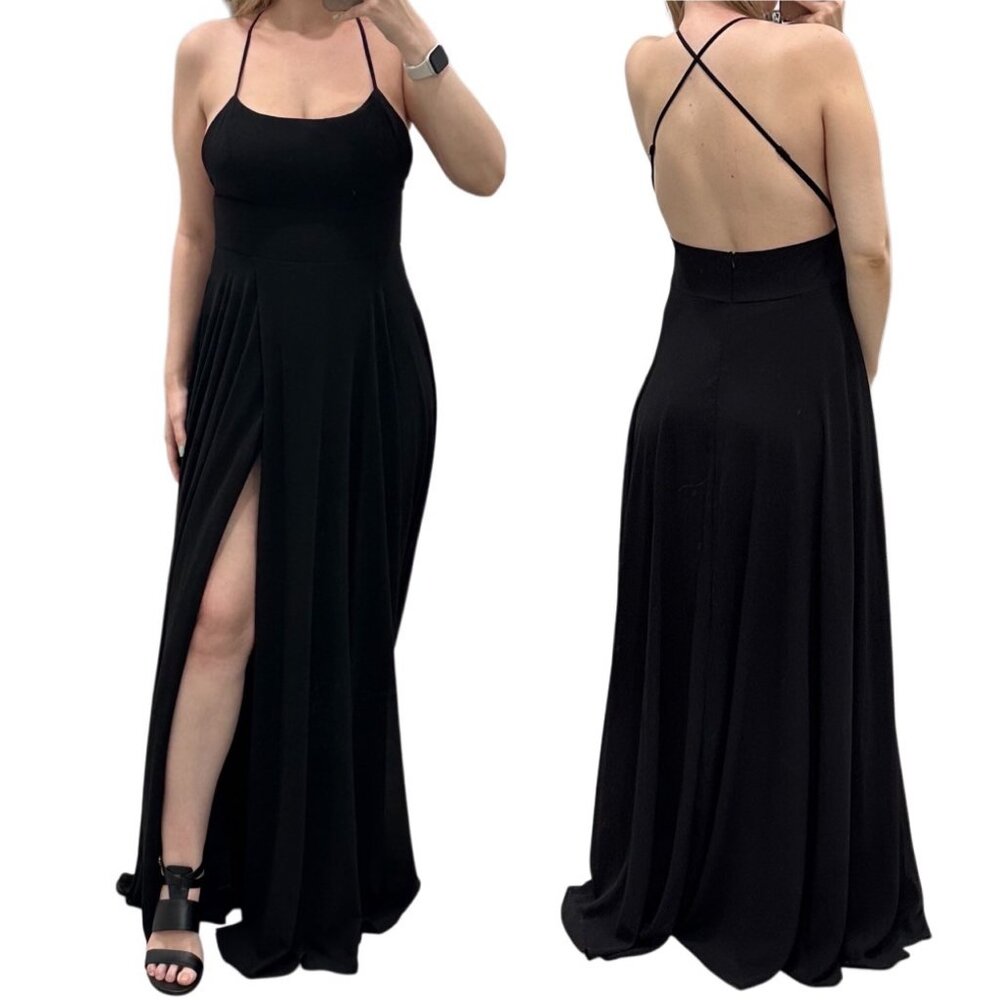 Lulus Dreamy Romance Backless Strappy High Slit Maxi Dress in Black Women's Sz L